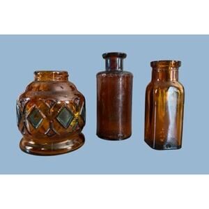 Vtg 3 Brown Amber Glass Mini Vase Medicine Bottles Gift Tea Party Kitsch Decor